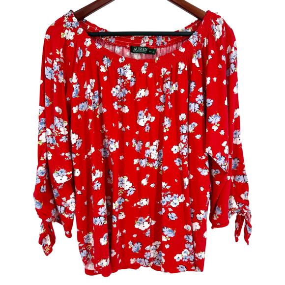 Ralph Lauren Womens Plus Size 2X Red Floral Blouse Shirt Top Summer Tropical - Picture 1 of 7